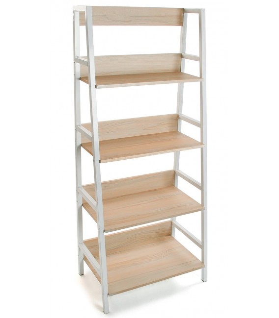Librería industrial blanca con 4 baldas en madera color roble.