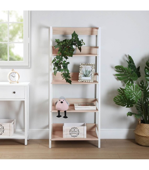 Librería industrial blanca con 4 baldas en madera color roble. 1