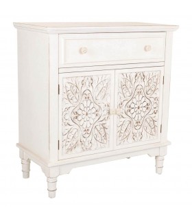 Taquillón blanco clásico en madera tallada con 2 puertas y cajón. Mdmhogar