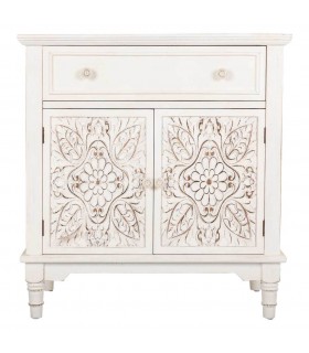 Taquillón blanco clásico en madera tallada con 2 puertas y cajón. 1