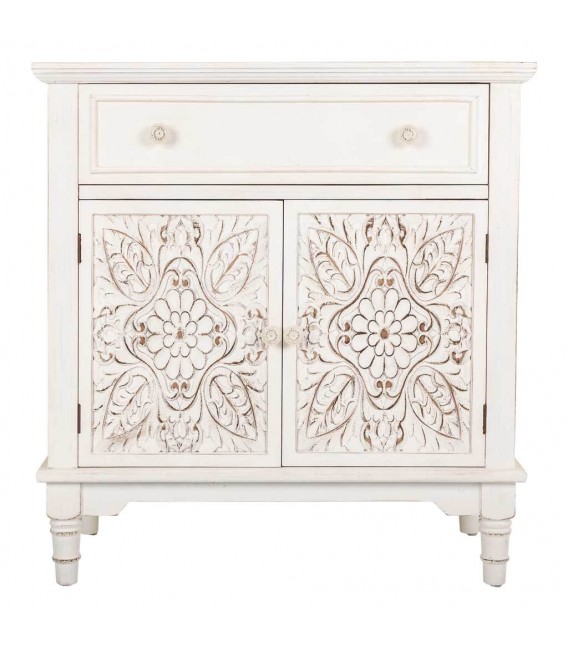 Taquillón blanco clásico en madera tallada con 2 puertas y cajón. 1
