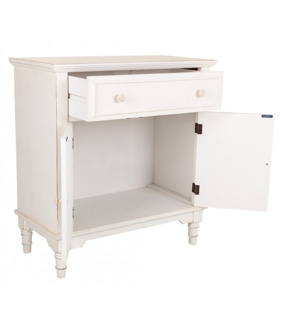 Taquillón blanco clásico en madera tallada con 2 puertas y cajón. 2