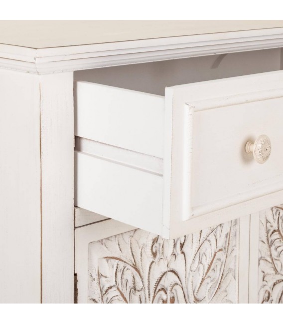 Taquillón blanco clásico en madera tallada con 2 puertas y cajón. 4