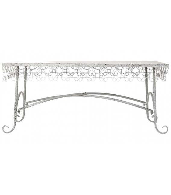 Mesa de centro romántica de metal blanco con motivo calado de pájaro.