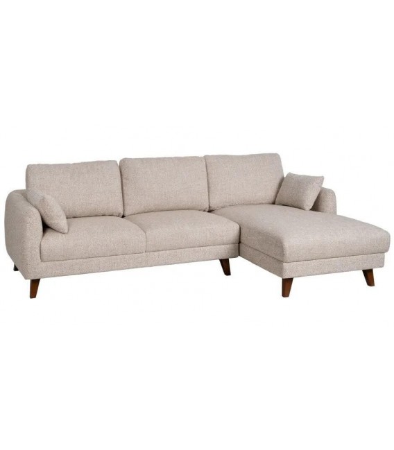 Sofá chaise longue beige de 3 plazas en chenilla, patas cerezo.
