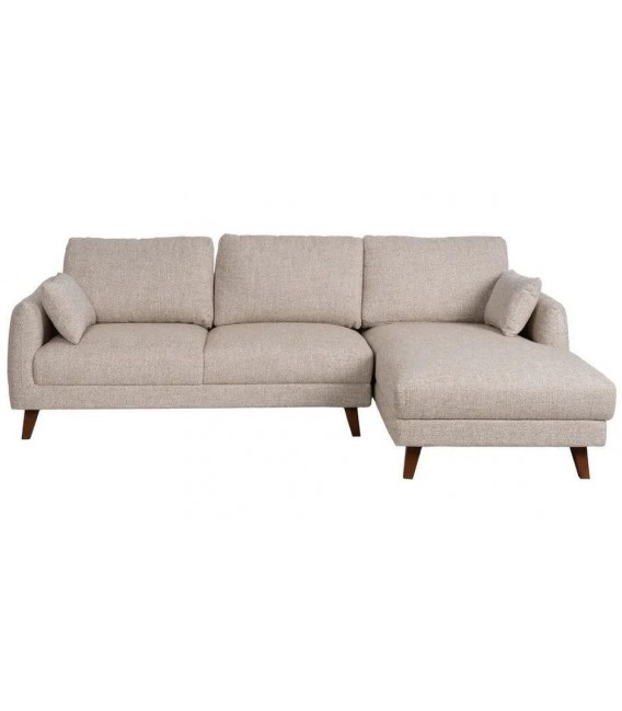Sofá chaise longue beige de 3 plazas en chenilla, patas cerezo.1