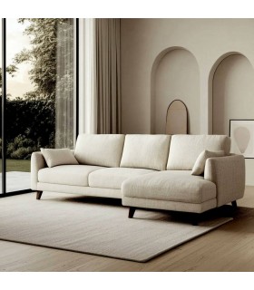 Sofá chaise longue beige de 3 plazas en chenilla, patas cerezo. Mdmhogar