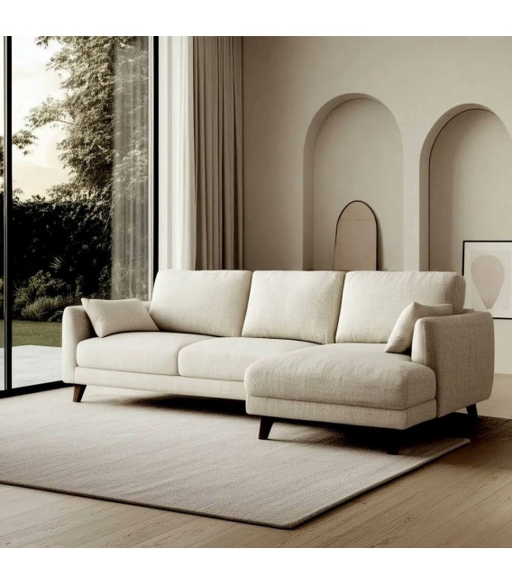 Sofá chaise longue beige de 3 plazas en chenilla, patas cerezo. Mdmhogar