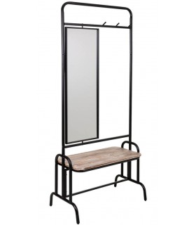 Perchero con espejo giratorio, estante de madera y 3 colgadores.
