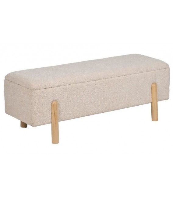 Banco baúl de pie de cama en bouclé beige con patas de madera natural