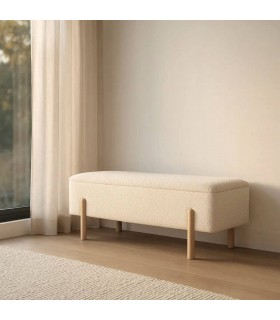 Banco baúl de pie de cama en bouclé beige con patas de madera natural Mdmhogar