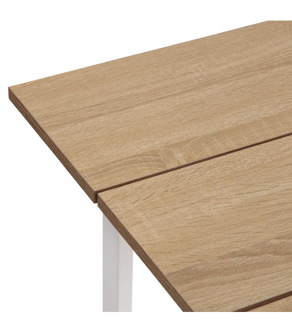 Mesa rectangular moderna en MDF roble y metal blanco diseño limpio.