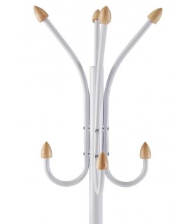 Perchero de pie con 10 colgadores, en metal blanco y madera natural.1