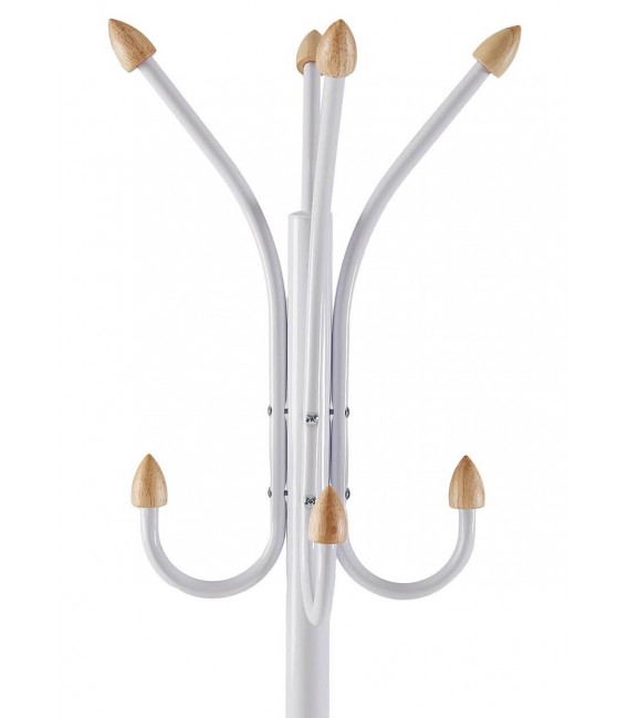 Perchero de pie con 10 colgadores, en metal blanco y madera natural.1