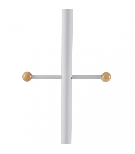 Perchero de pie con 10 colgadores, en metal blanco y madera natural.2