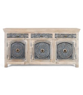Aparador étnico de mango tallado en blanco y azul con 3 puertas.