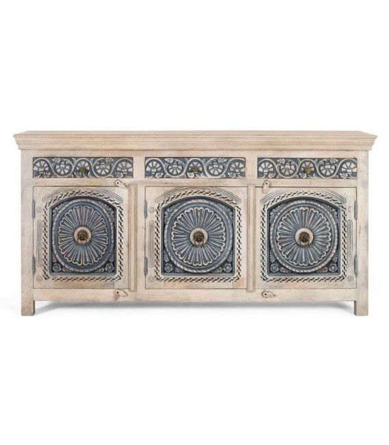 Aparador étnico de mango tallado en blanco y azul con 3 puertas.