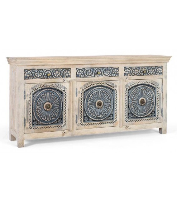 Aparador étnico de mango tallado en blanco y azul con 3 puertas. mdmhogar