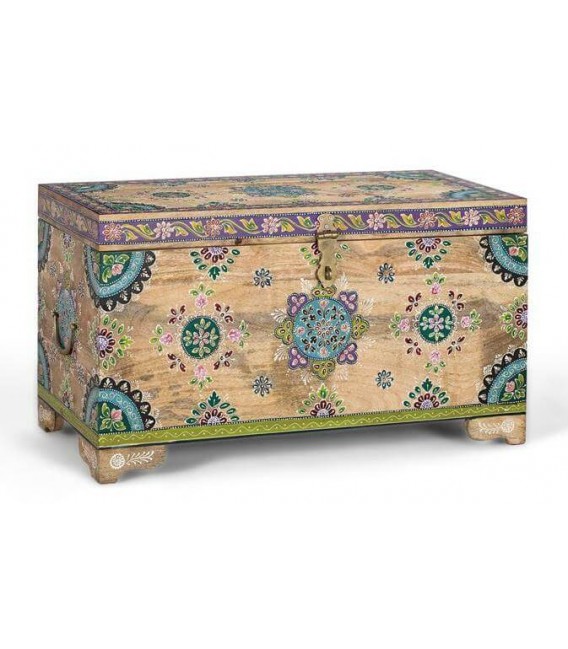 Baúl étnico de madera maciza pintado a mano con vivos colores. Mdmhogar