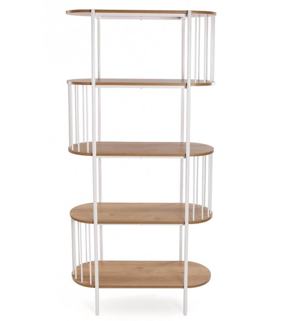 Estantería 5 baldas MDF roble y hierro blanco, estilo contemporáneo.
