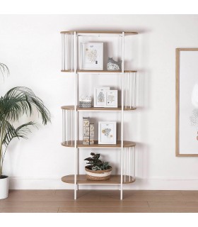 Estantería 5 baldas MDF roble y hierro blanco, estilo contemporáneo.1