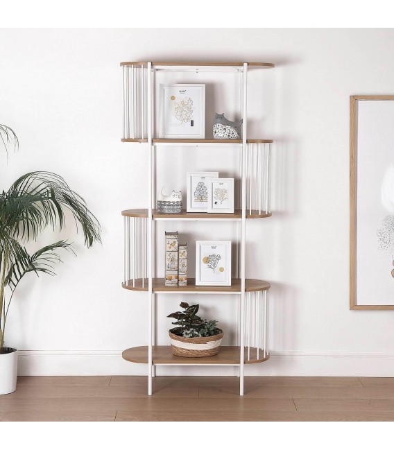 Estantería 5 baldas MDF roble y hierro blanco, estilo contemporáneo.1