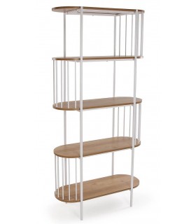 Estantería 5 baldas MDF roble y hierro blanco, estilo contemporáneo. Mdmhogar