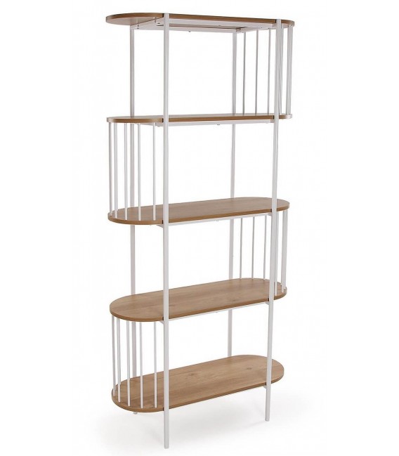 Estantería 5 baldas MDF roble y hierro blanco, estilo contemporáneo. Mdmhogar