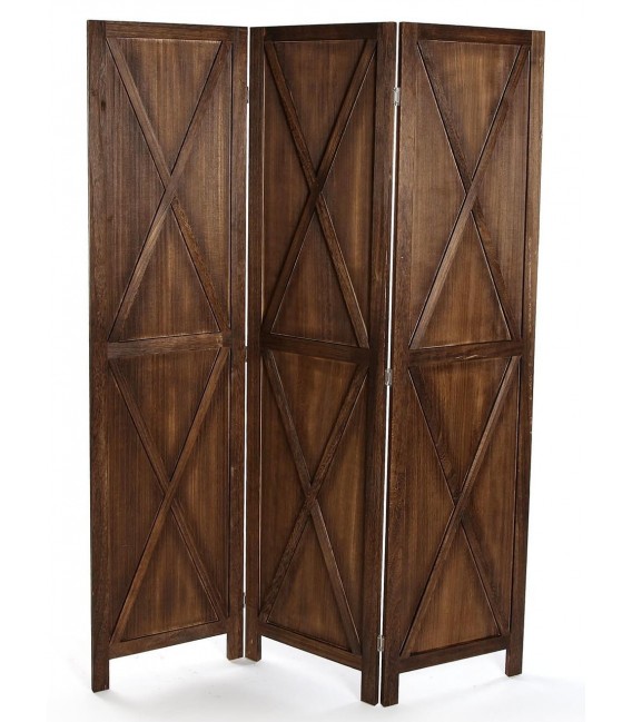 Biombo rústico de 3 hojas en madera teñida de color nogal. mdmhogar