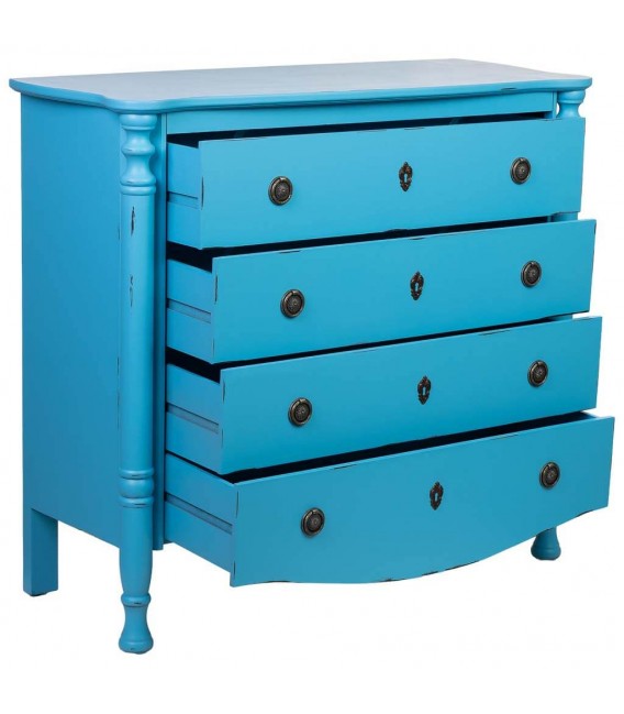 Cómoda clásica chic azul vintage con 4 cajones y herrajes bronce.1