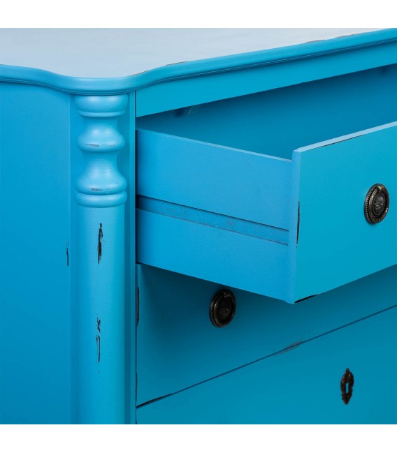 Cómoda clásica chic azul vintage con 4 cajones y herrajes bronce.3
