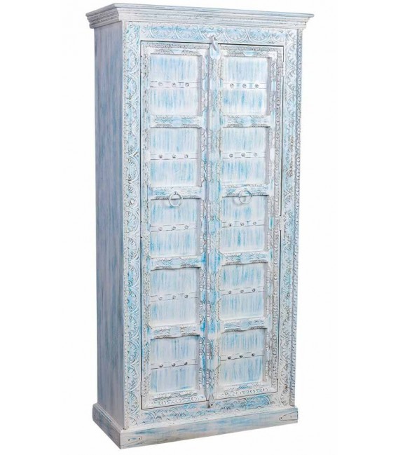Armario alacena azul patinado de madera tallada con 2 puertas. Mdmhogar