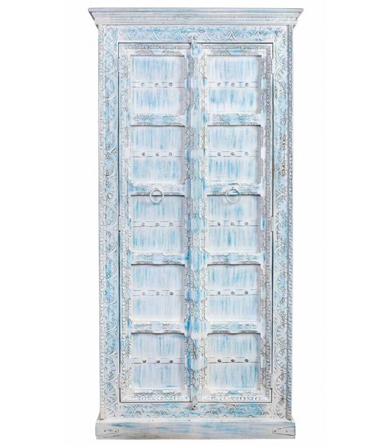 Armario alacena azul patinado de madera tallada con 2 puertas. 1