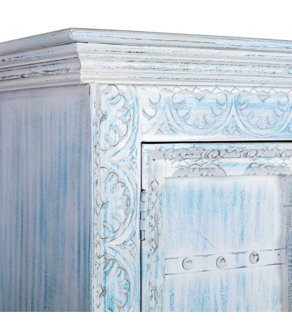 Armario alacena azul patinado de madera tallada con 2 puertas. 4