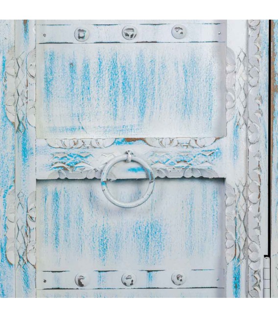 Armario alacena azul patinado de madera tallada con 2 puertas. 6