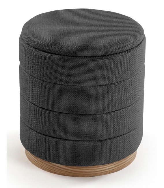 Puf redondo gris con almacenaje y base de madera natural.