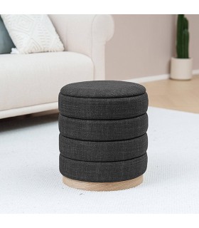 Puf redondo gris con almacenaje y base de madera natural. Mdmhogar