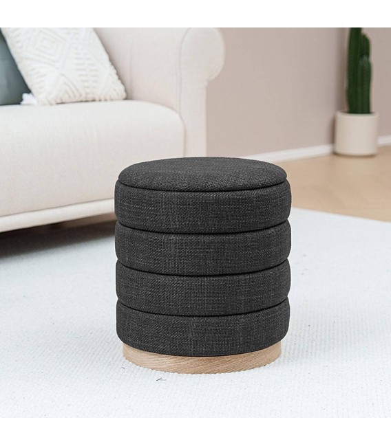 Puf redondo gris con almacenaje y base de madera natural. Mdmhogar