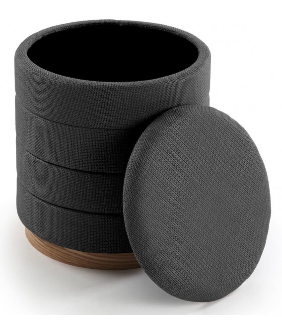 Puf redondo gris con almacenaje y base de madera natural.1