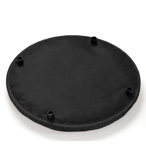 Puf redondo gris con almacenaje y base de madera natural.3