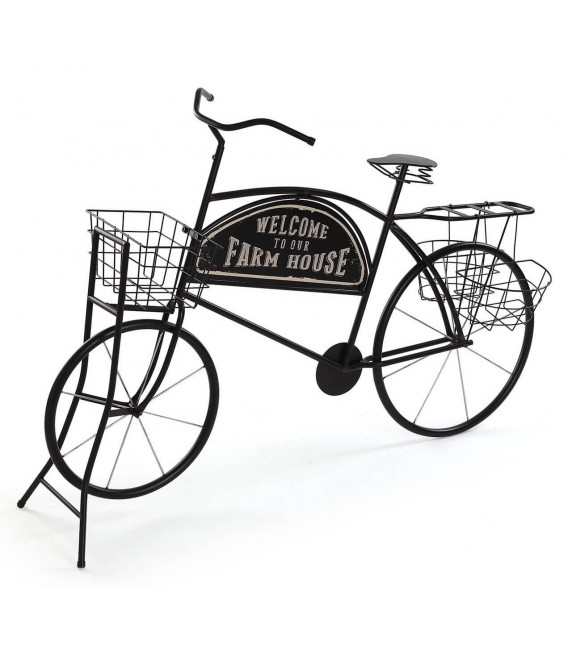 Macetero bicicleta negra metal con estilo vintage y letrero rústico.1