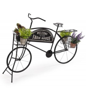 Macetero bicicleta negra metal con estilo vintage y letrero rústico. Mdmhogar
