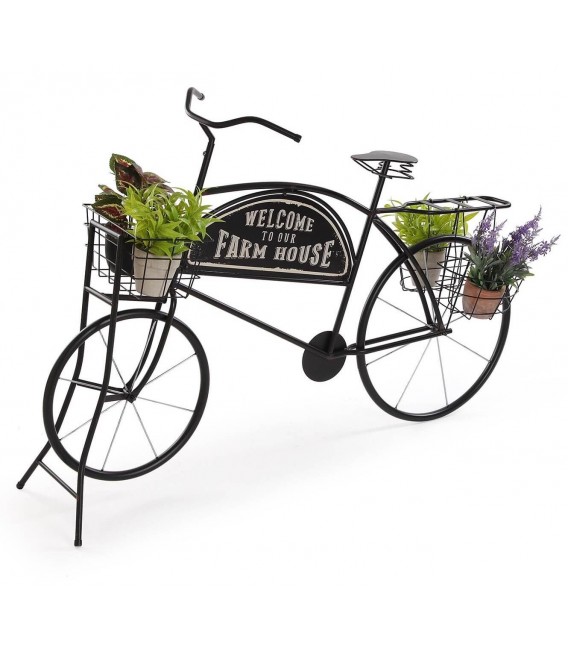 Macetero bicicleta negra metal con estilo vintage y letrero rústico. Mdmhogar