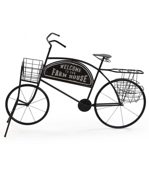 Macetero bicicleta negra metal con estilo vintage y letrero rústico.