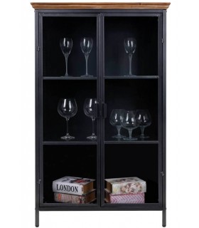 Vitrina mediana industrial de cristal metal negro y madera reciclada.