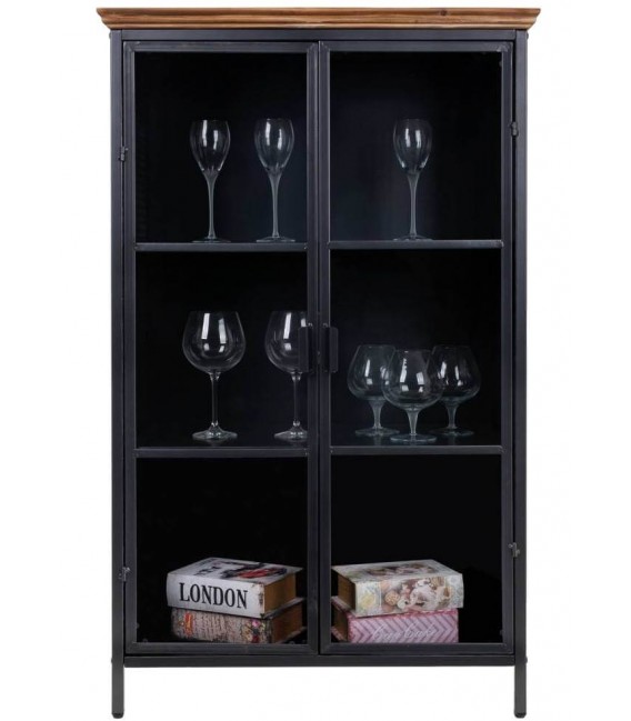 Vitrina mediana industrial de cristal metal negro y madera reciclada.