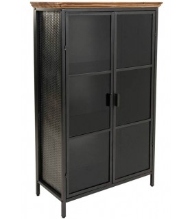 Vitrina mediana industrial de cristal metal negro y madera reciclada. Mdmhogar
