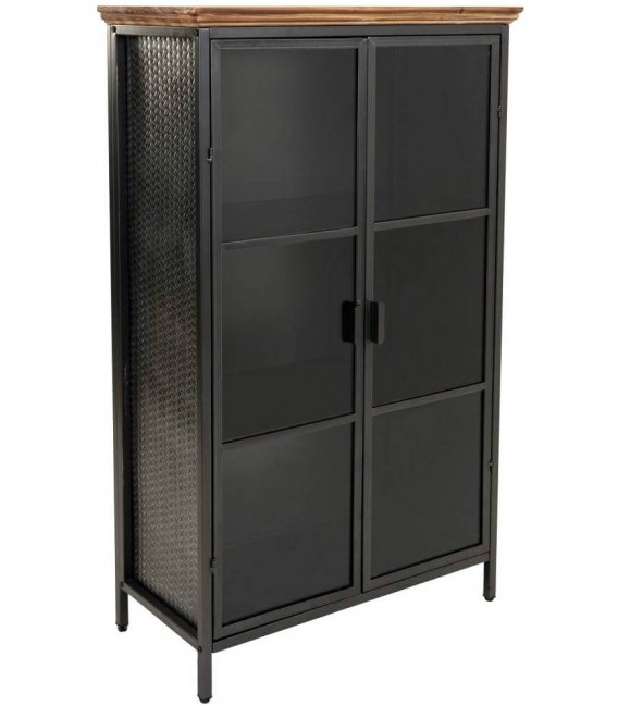 Vitrina mediana industrial de cristal metal negro y madera reciclada. Mdmhogar