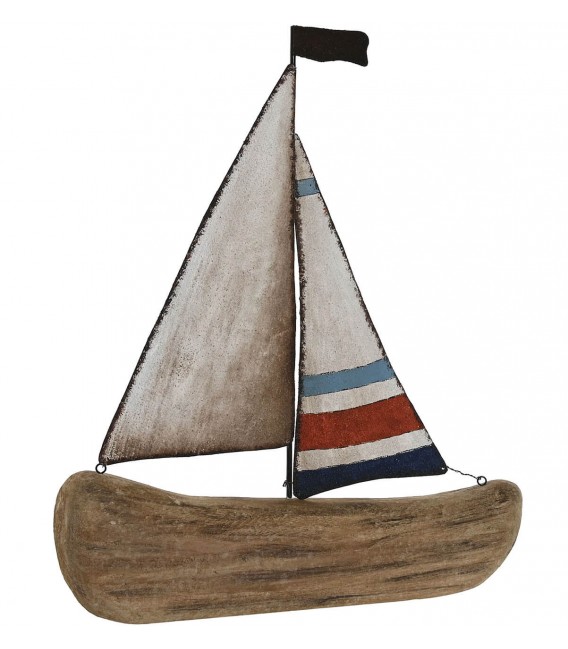 Figura decorativa de velero madera natural y metal vintage tricolor. Mdmhogar