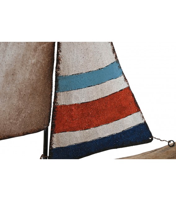 Figura decorativa de velero madera natural y metal vintage tricolor.